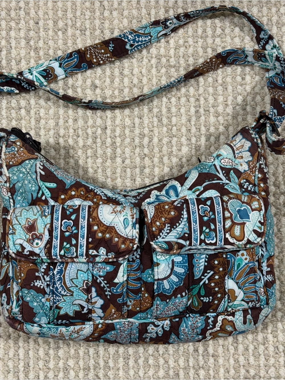 Vera Bradley Quilted Cotton Floral Crossbody Bag Brown/Blue Zip Lined Pockets